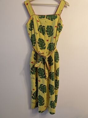 Funky Flamingo Yellow Tropical Leaf Midi Jump-suit with Waist Tie & Red Accents
